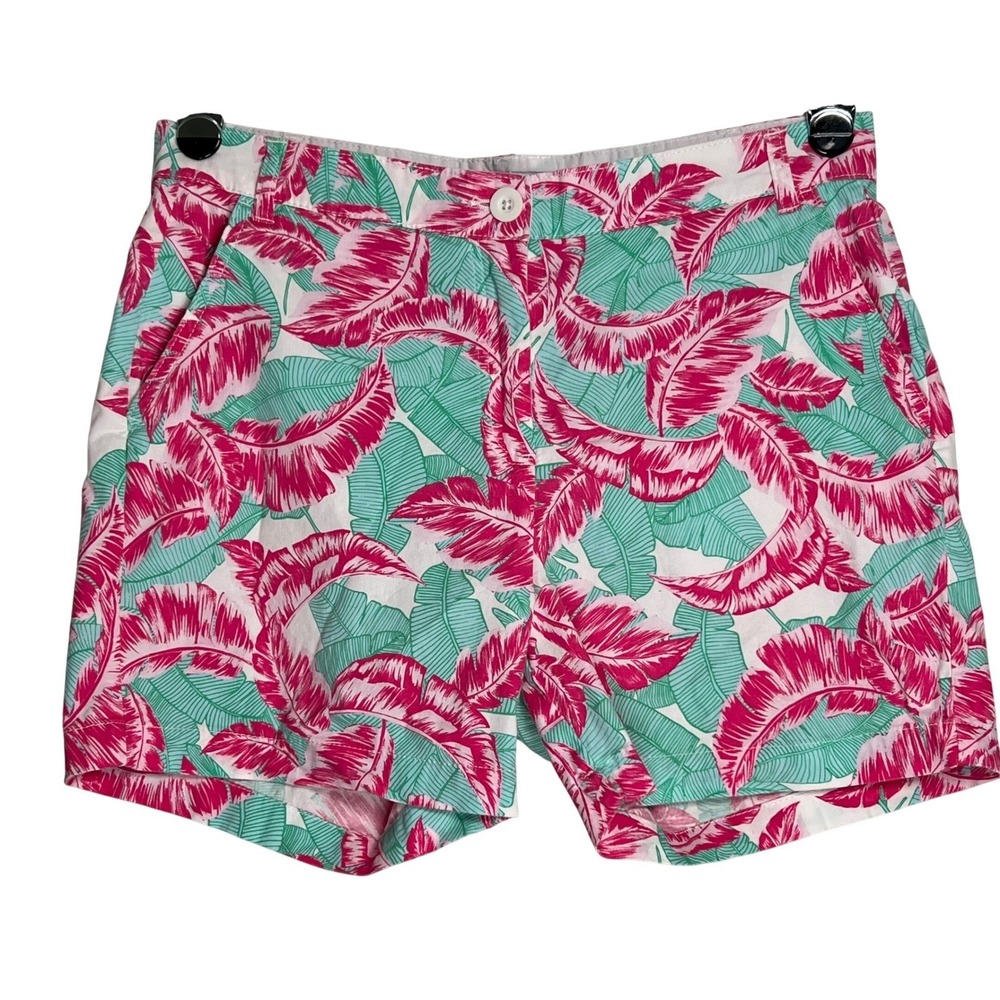 Caribbean Joe Womens Pink Teal Tropical Banana Leaf Chino Shorts Size 10 Stretch